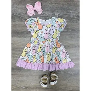 Hanging with My Peeps Ruffle Trim Girls Toddler Bunny Short Sleeve Easter Dress Pastel Peeps Lavender Trim Cotton Poly Blend
