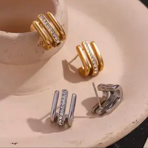 Triple Band CZ Channel Hoop Earrings