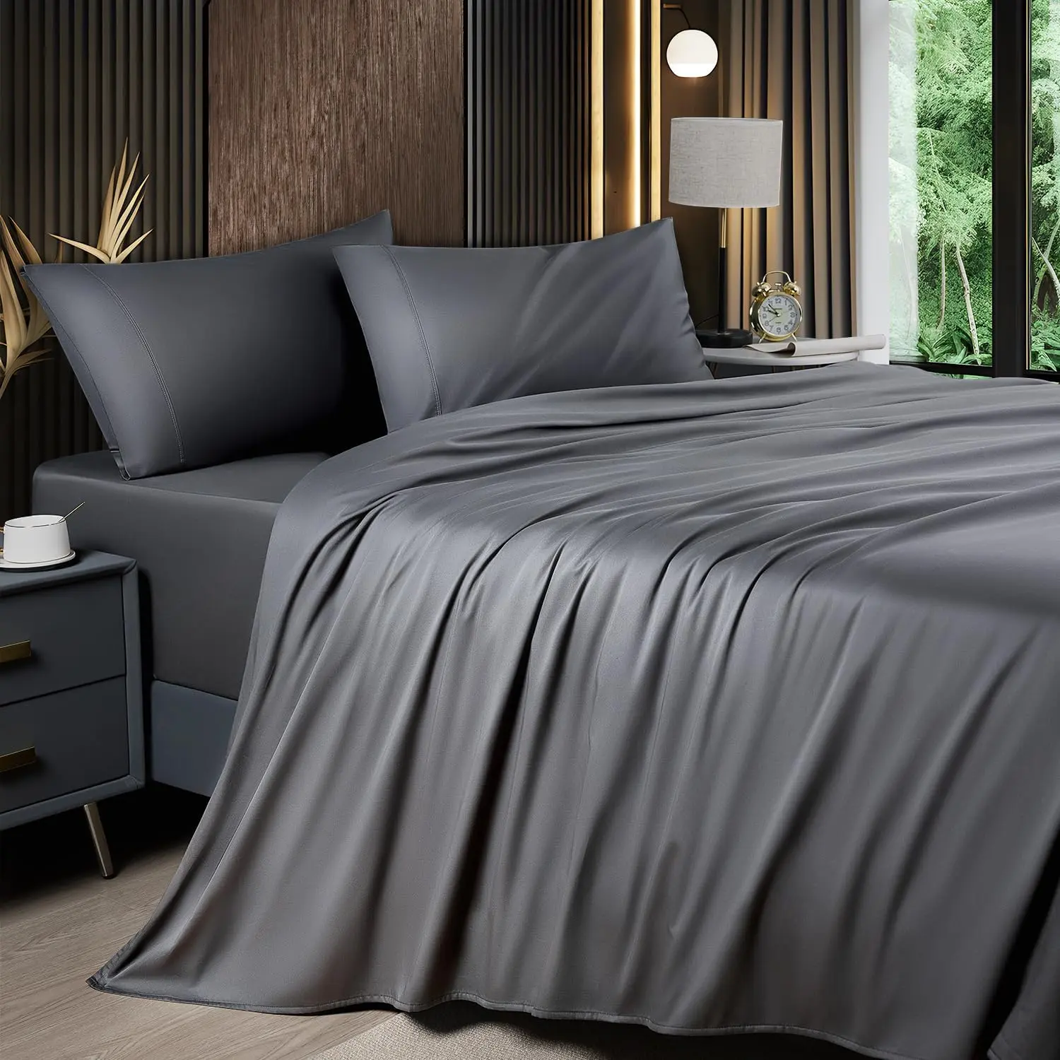 Shilucheng Bamboo Sheet Set - 4/6 Pc Bedding Set with 16'' Deep Pocket Lightweight, Twill, Smooth Fitted Sheets, Cooling Breathable, Hotel Luxury Super Silky Soft, Wrinkle & Fade Resistant,summerwins,back to school,back to school shopping,home decor Shilucheng Bamboo Sheet Set - 4/6 Pc Bedding Set with 16'' Deep Pocket Lightweight, Twill, Smooth Fitted Sheets, Cooling Breathable, Hotel Luxury Super Silky Soft, Wrinkle & Fade Resistant,summerwins,back to school,back to school shopping,home decor