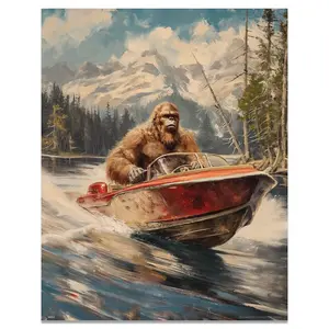 Vintage Motor Boat Speed Boat Art poster, Funny Bigfoot Print, Animal Lover Wall Art,  Fishing, Hunting Season Decor, Unique Gift for Dad Men Hunters