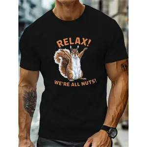 Men's Casual Oversize T-shirt Relax We Re All Nuts Squirrel Graphic Black with Orange Print 100 Cotton Short Sleeve Perfect for Casual Attire Family Outings Casual Summer Tee Playful Graphic Tee Cotton Tshirt