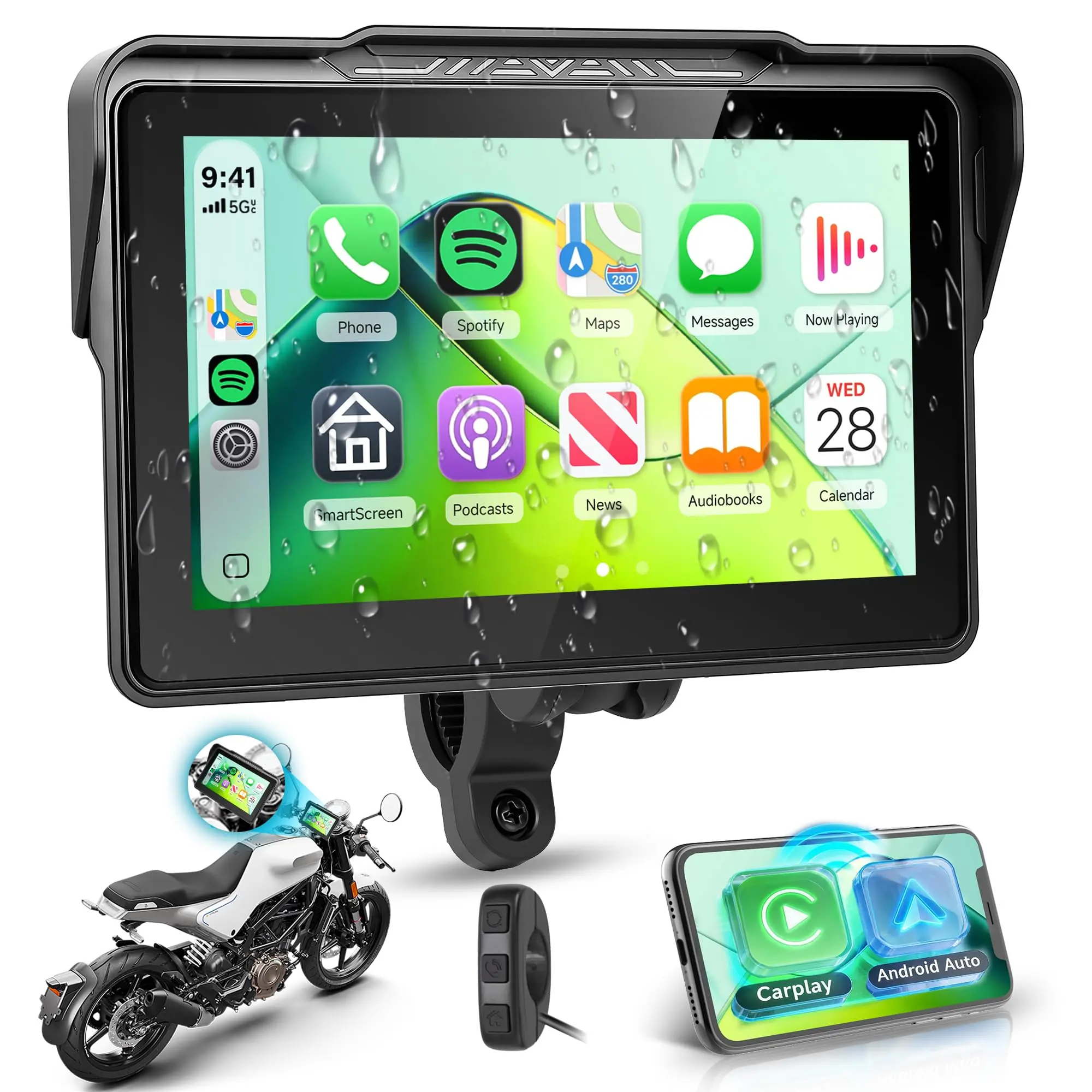Motorcycle Wireless CarPlay Screen 7'' Waterproof Touchscreen Portable Carplay Android Auto for Motorbike Bluetooth Physical Control Button Online Map Siri Tyre Pressure Detection