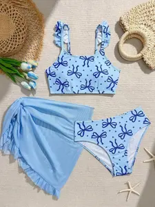 Girls Cute Knit Bow Solid Color Ruffled Pink Mesh Fabric Knit Fabric Triangle Bikini Set, Fashionable Casual Elegant Suitable For Swimming, Vacation, Summer Summer Vacation Thermal Christmas Holiday Festival New Years