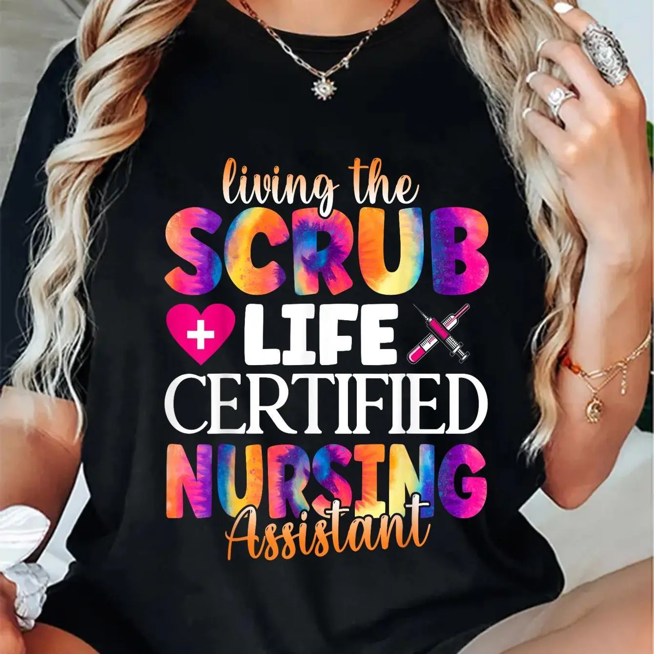 Women's CNA Life Graphic T-Shirt, 100% Cotton Vintage Shortsleeve Round Neck Tops for Certified Nursing Assistants