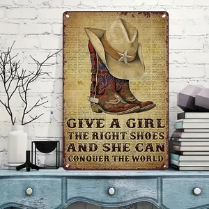 2D Flat 1pc 8*12 in Vintage Rodeo Cowboy Boot & Hat Metal Sign, Frameless Wall Art Decor for Home, Dressing Room & Western Spaces- Easy to Hang