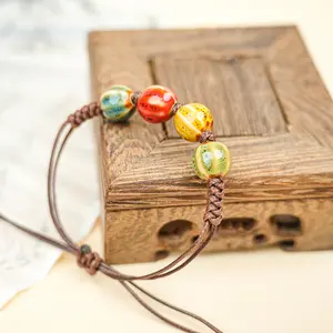 LUMAWU Orange-Brown Glazed Melon Bead Ceramic Bracelet | Vintage Look & Adjustable String