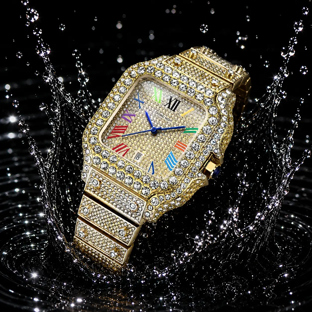Men's Gold Iced Out Watch, 42mm Square Quartz Watch with Colorful Roman Numeral Dial, Diamond Style Gold Tone Wrist Watch, Waterproof Hip Hop Luxury Bling Watch for Men