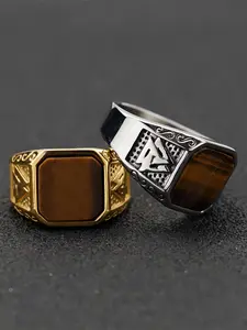 Tiger Eye Stone Ring Stainless Steel Cast Natural Stone Fashion Cool Unisex Summer Jewelry Dad Gift Friend Gift Couple Ring Exquisite Trendy Ring