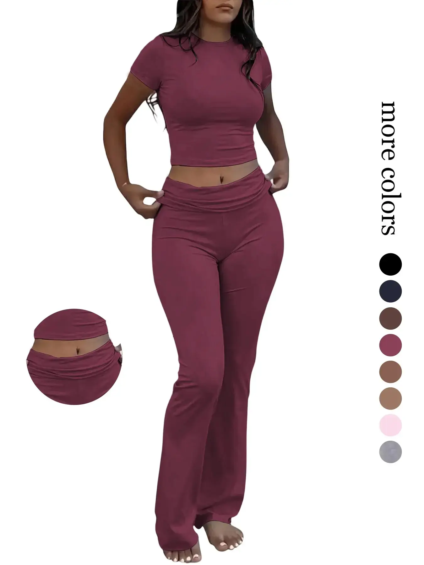 Women's Lounge Sets, 2-Piece Foldover Yoga Flare Leggings & Crop Top, Elastic Waist Design, Spring/fall Season, Fitted Style, Athleisure Yoga Wear