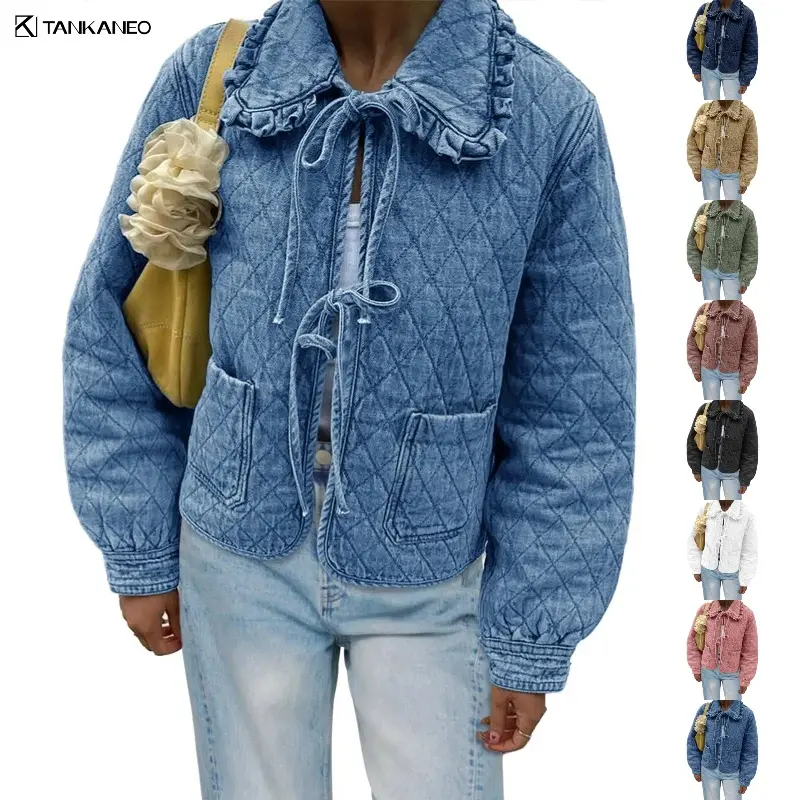 Tankaneo Women's Quilted Denim Puffer Jackets Tie Front Bow Cropped Puffy Jackets Fall Cute Short Jeans Coat