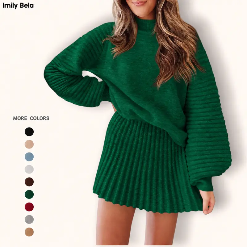 Imily Bela Women's 2 Piece Outfits 2026 Long Sleeve Mock Neck Ribbed Sweaters & Mini Skirt Set Soft Cozy Knitted Fabric Casual Everyday Wear Dress Womenswear