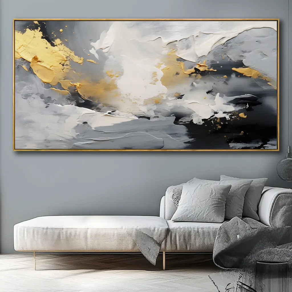 FrFrame wall decorative art: gray, white and black three-tone golden ink abstract painting, 20 "x40" large size, can be hung at any time. The preferred wall decoration for modern living rooms, bedrooms, offices and home decoration