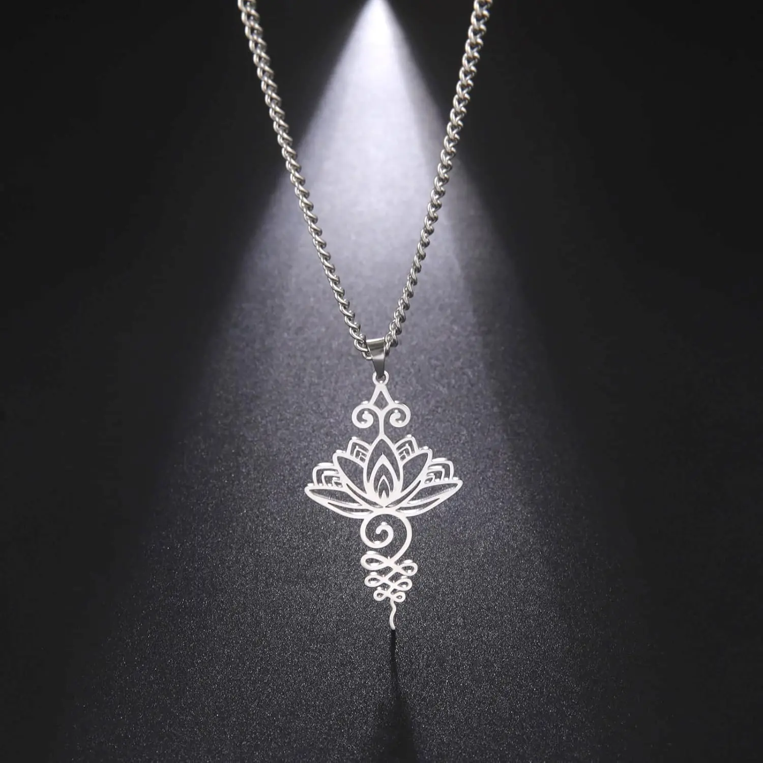 Lotus Flower Pendant Necklace for Women Yoga Healing Charms Unalome Symbol Amulet Stainless Steel Jewelry Lotus Flower Necklace Buddha Yoga Necklace