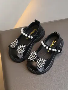 Sweet Cool Style Small Leather Shoes, Pearl Buckle Strap, Tartan Bowknot, Soft Non-Slip Sole, Daily Wear & Party