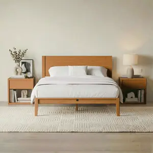 RECCI Bamboo Wooden Full Bed Frame with Tall Modern Wooden Headboard, Heavy-Duty Slat Support, Pre-Assembled Natural Headboard Bed Frame, No Mattress