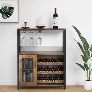 Wine Bar Cabinet with Wine Rack and Glass Holder, Vintage Industrial Liquor Storage Sideboard with Mesh Door, Adjustable Shelves, Compact Bar Cabinet for Kitchen, Living Room, Dining Room