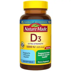 Nature Made Vitamin D3 5000 IU (125 mcg) Softgels, Extra Strength Vitamin D Supplement for Bone and Immune Health Support, 180 Count, 180 Day Supply