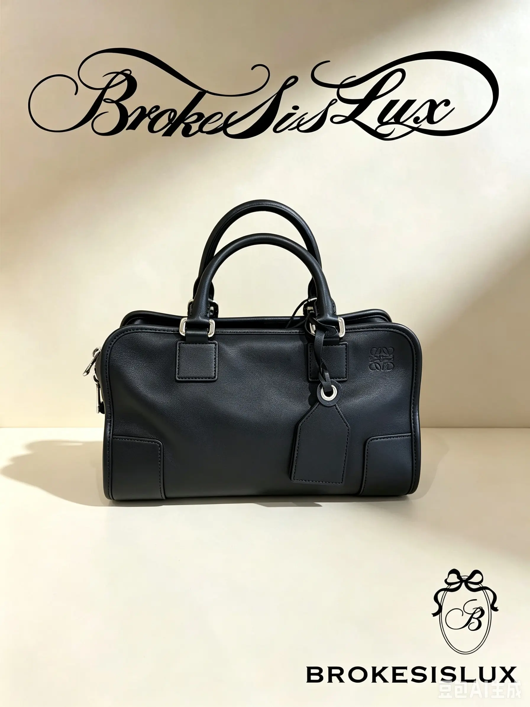 Pre-owned Loewe Medium Boston Doctor Bag, Black Smooth Calfskin, Embossed Anagram Logo, Leather Luggage Tag, Dual Rolled Top Handles, Silver Hardware