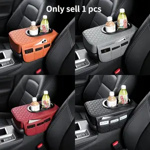 Universal Car Console Cover, Leather-Like Material, Includes Side Pockets & Cup Holders, Multi-Functional Storage for Phones/water Bottles/cards