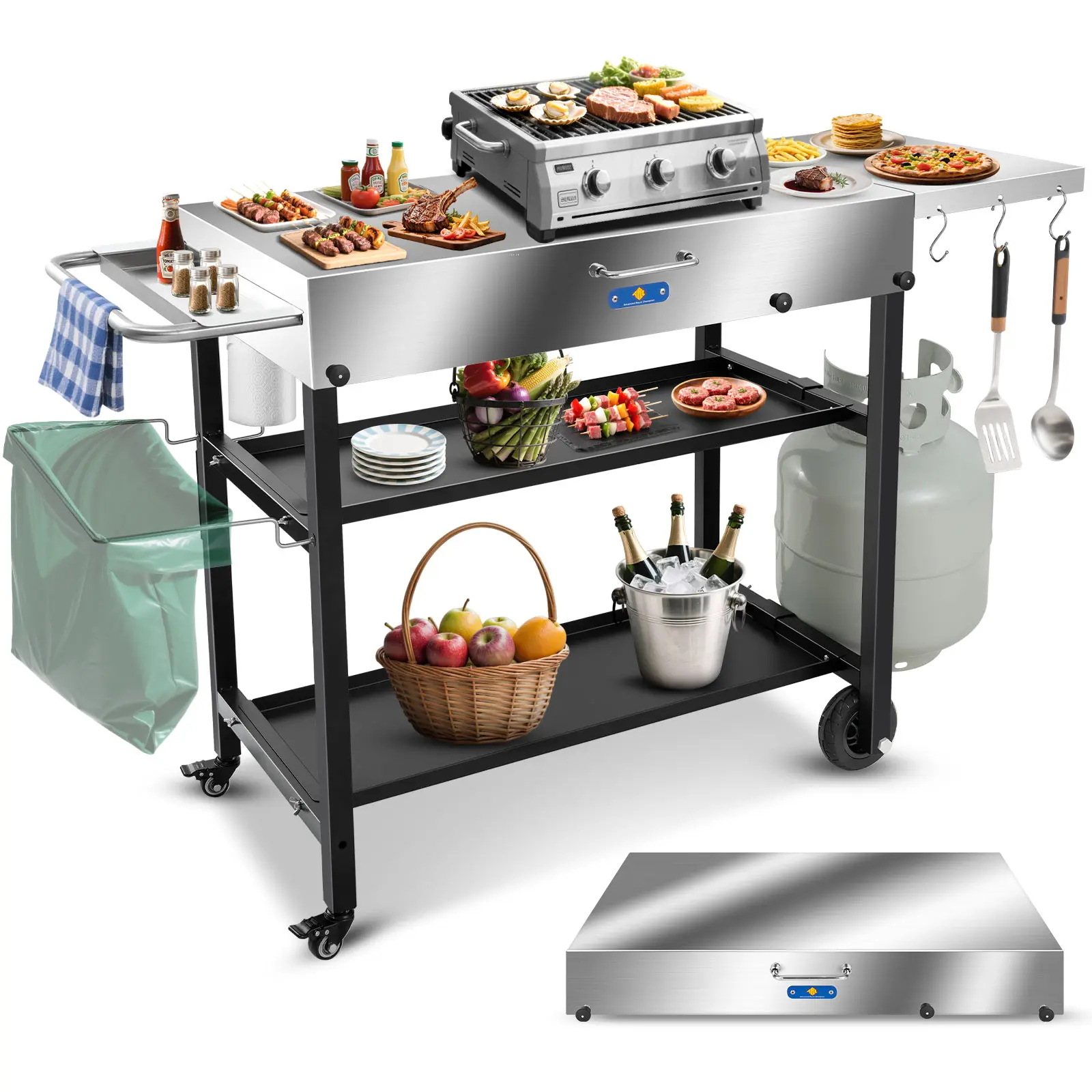 43" W x 17" D Grill Cart Table,for Blackstone Griddle Stand,440lbs Stainless Steel Grill Table Pizza Oven Stand with Wheels for Ninja Woodfire Grill