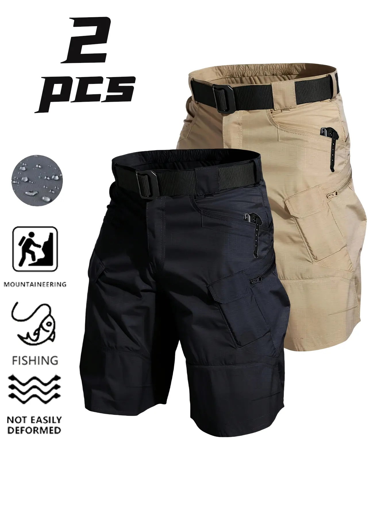 Men's 2-Pack Tactical Cargo Shorts, Water-Repellent Quick-Dry Fabric, Loose Fit with Multiple Zip Pockets for Outdoor Hiking & Fishing, Tactical Shorts, Waterproof Poly, Casual Street