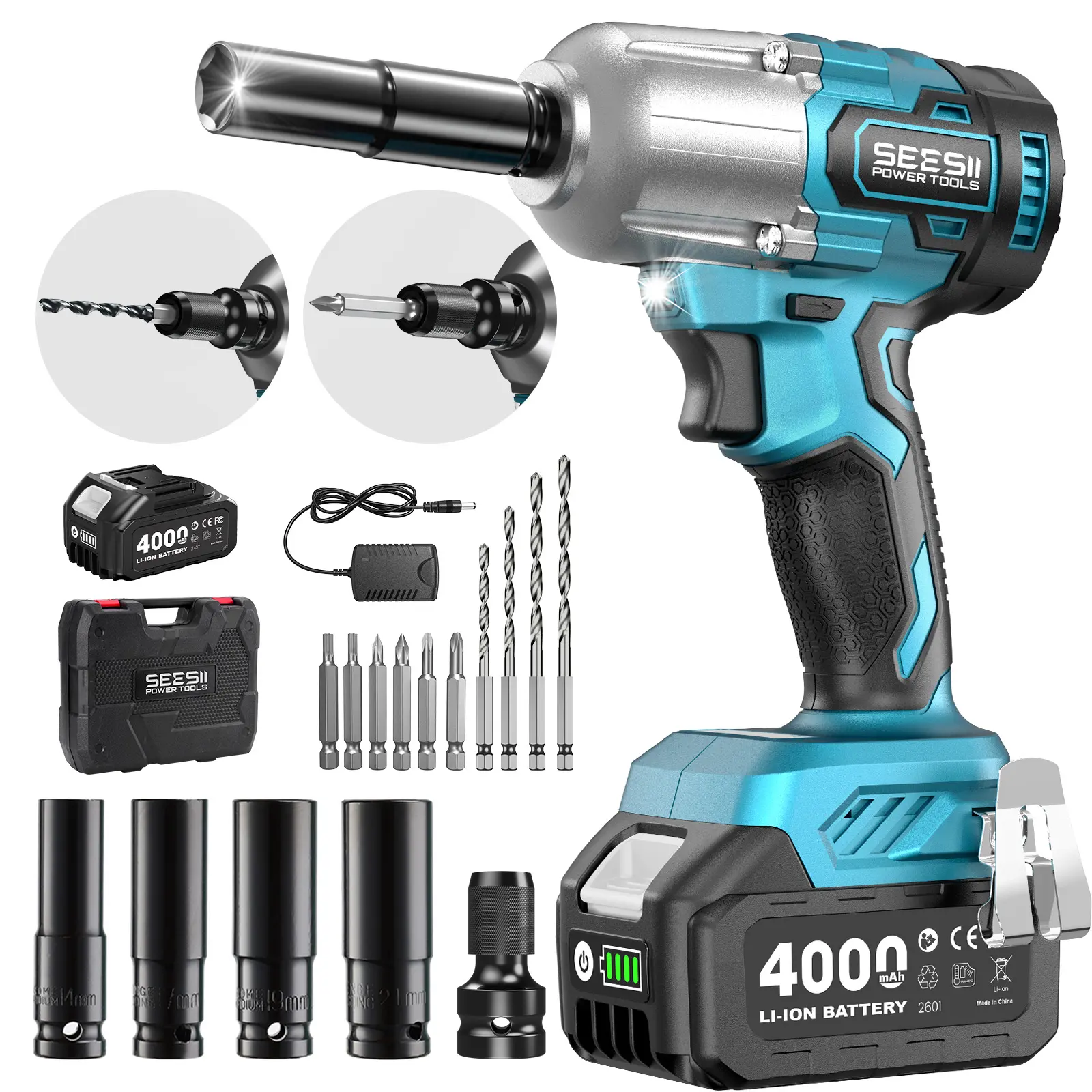SEESII 3‑in‑1 Cordless 1/2 Inch Impact Wrench,590 Ft‑Lbs (800N.m), 4.0Ah Rechargeable Battery, 4 Sockets, Drill & Screwdriver Bits Kit for Tire Changing, Auto Repair, Construction & Household DIY Projects, WH650 Pro