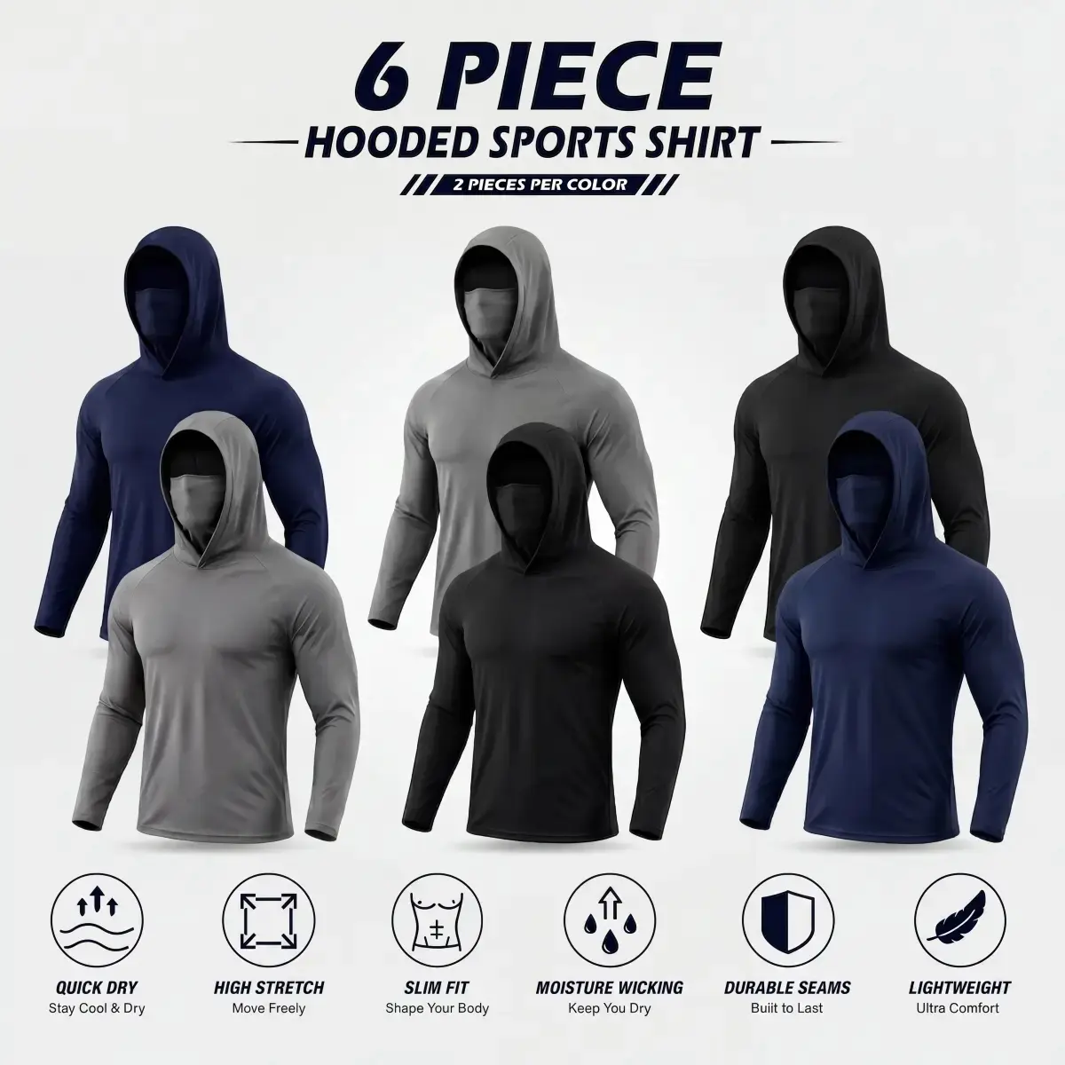 Men's Hooded Athletic Shirt, Long Sleeve Quick Dry Pullover with Face Mask Gaiter, UPF 50+ UV Protective Performance Top for Running & Outdoor Work, 3 or 6 Pack Long Sleeve Shirts, Athletic Outfits for Biking, Hiking & Sports