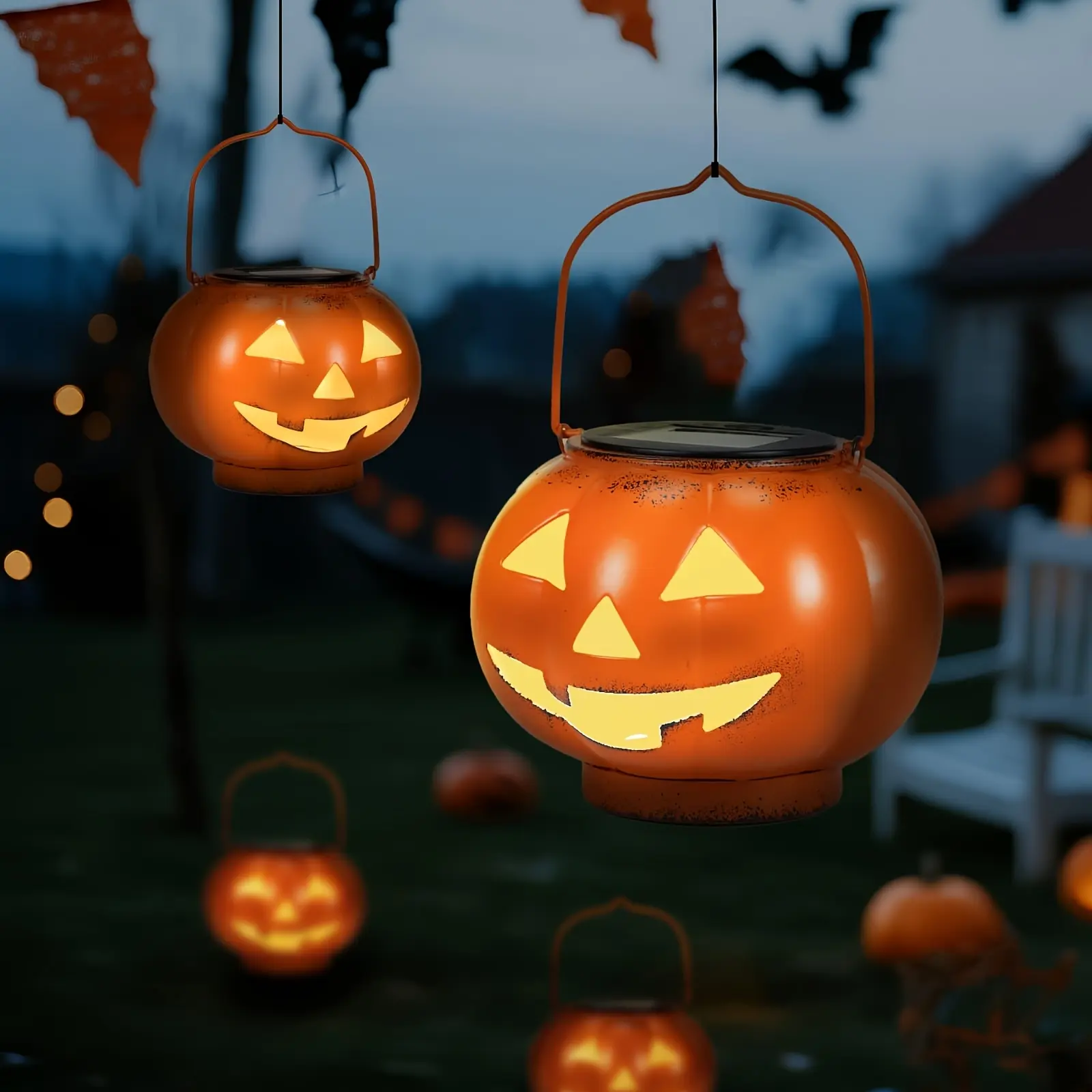 PathGlo Scary Iron Jack-O-Lantern Solar Lantern - Outdoor Metal Halloween Decoration with Removable PV Panel, Suitable for Lawn, Path