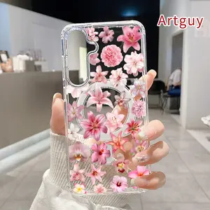 Magnetic Soft Case for Samsung Galaxy S26 Edge S23 Ultra S24 Plus FE S25 S22+ Blush Floral Symphony Pattern Anti-Yellowing Shockproof ultra-thin Silicone Crystal Transparent Acrylic Large Hole Cover Supports Wireless Charging