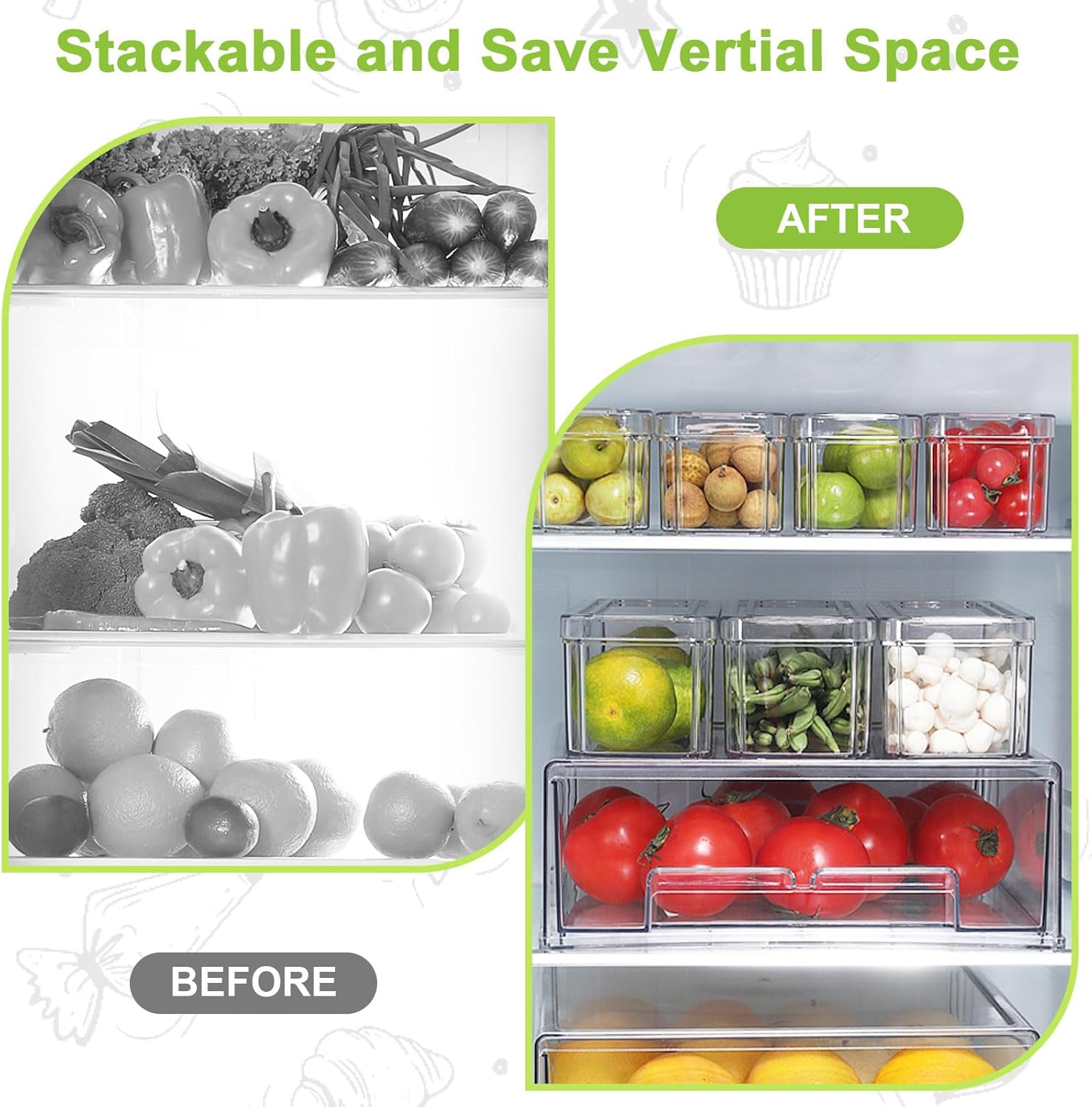 10/14 Pack Fridge Organizer Bins with Lids,With a Pull-out Large Drawer,, BPA-Free Stackable Clear Containers for Food, Drinks, and Food Storage, Ideal for Kitchen Organization