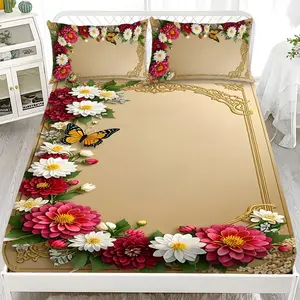 Bed Sheet Set - 3-Piece 2D Flat Printing Pink, White, and Red Floral and Butterfly Pattern Mattress Protector Set in Ten Sizes (1*Fitted Sheet + 2*Pillowcases, without inserts), Skin-friendly and breathable bedding set, suitable for home bedrooms.