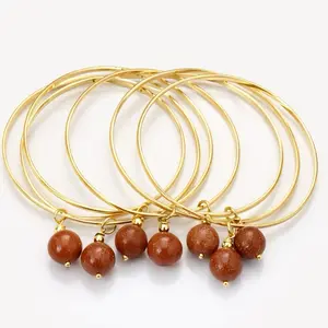 Brown Aventurine Bangle Set – Elegant Stackable Bracelet with Charm