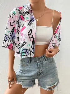 Women's Camo & Abstract Print Button Down Crop Shirt, Y2K Aesthetic Drop Shoulder Design, Perfect for Daily, Trendy Streetwear