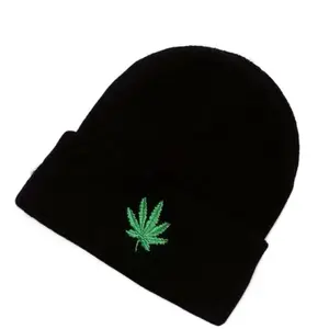 Black Leaf Embroidery Beanie Hat - Adult Size Unisex, Comfortable and Warm with Green Leaf Design Gift for dad
