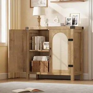 31.5 in Small Rattan Buffet Cabinet with Storage, Kitchen Coffee Bar Cabinet with Doors, Boho Farmhouse Sideboard with Adjustable Shelves and Handle for Kitchen, Living Room, Natural