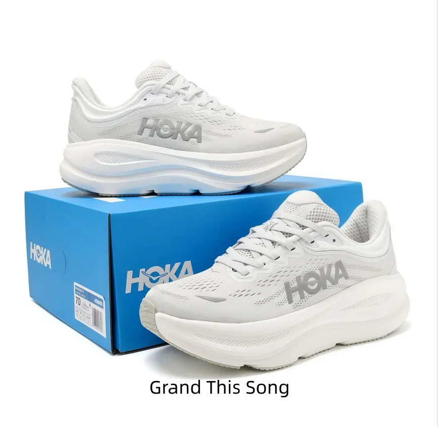 Clean off-white low-top running sneakers with signature curved thick cushion. Airy perforated mesh construction, subtle light grey branding, creating calm neutral urban sport aesthetics.