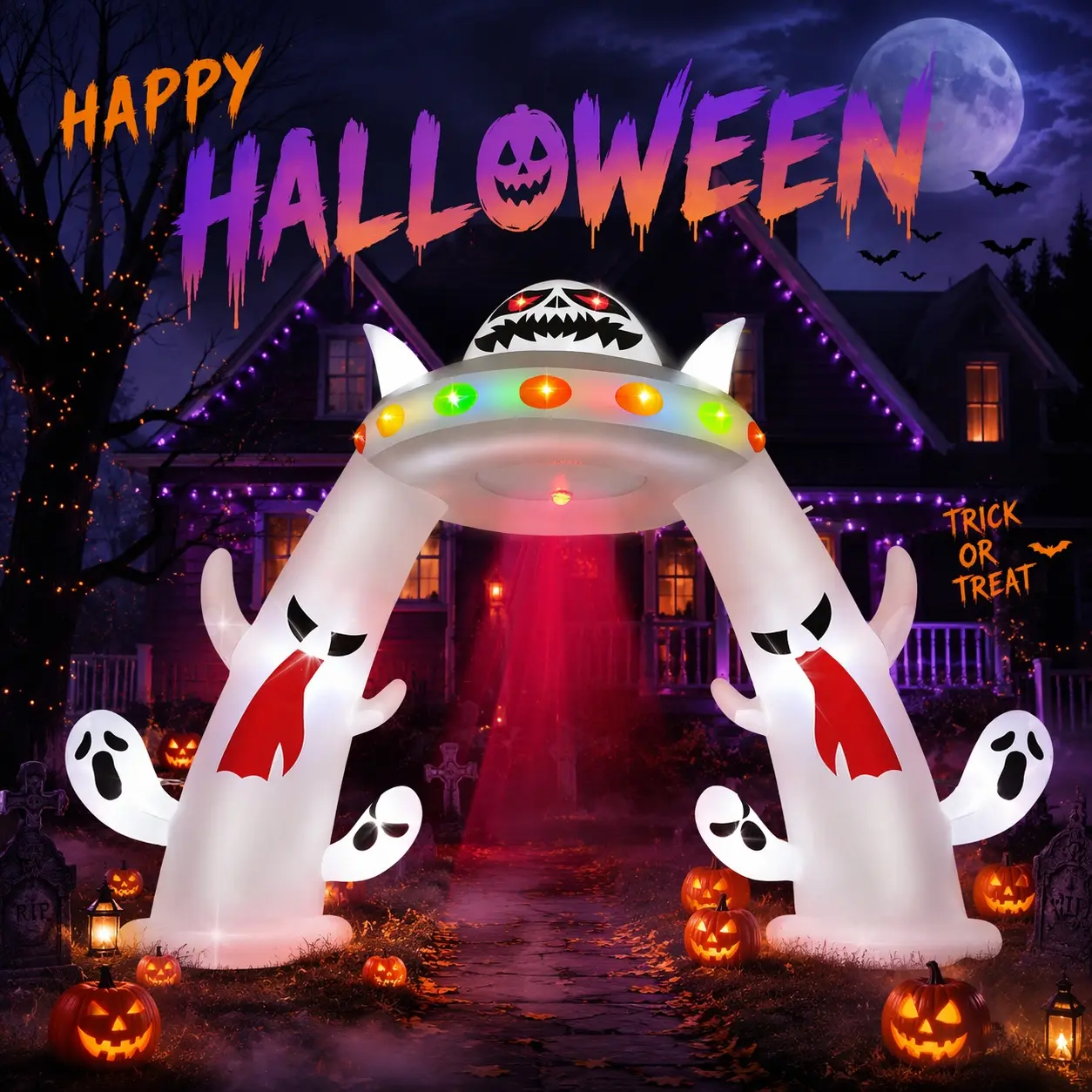 Whubefy 9 FT Giant Halloween Inflatable Ghost UFO Arched Door Decoration, Huge Inflatable Spooky Ghost UFO Archway with LED Lights, Red Eye Glowing Inflatable Decoration, Built-in LED Lights for Party/Garden/Lawn/Holiday Decor