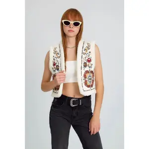 White Embroidered Shearling Vest
