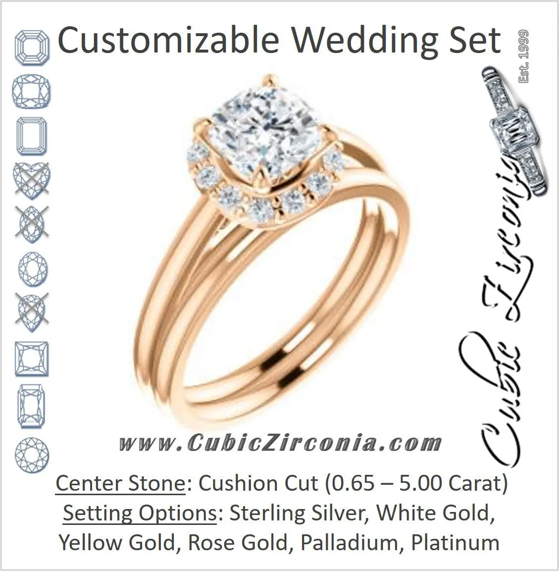 CZ Wedding Set, featuring The Tyra engagement ring (Customizable Cathedral-set Cushion Cut Style with Halo, Decorative Trellis and Thin Band)