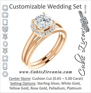 CZ Wedding Set, featuring The Tyra engagement ring (Customizable Cathedral-set Cushion Cut Style with Halo, Decorative Trellis and Thin Band)