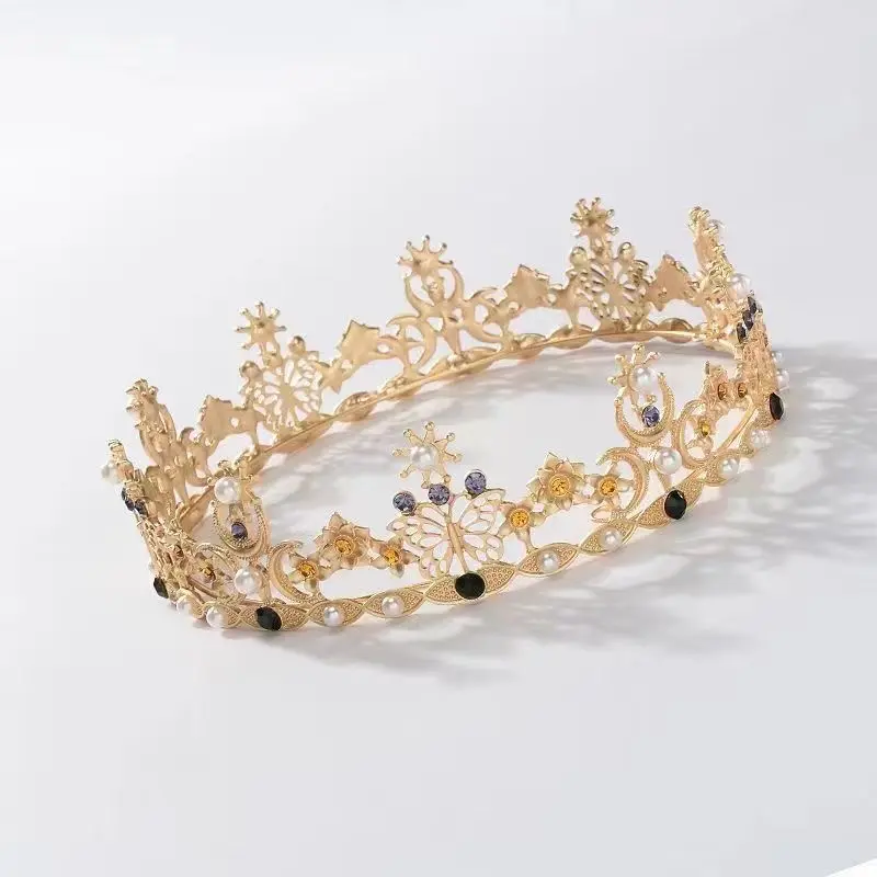 Gold Butterfly Crowns and Tiaras Flower Rhinestone Bride Crown Baroque Queen Tiaras Pearl Headpiece for Women and Girls Engagement