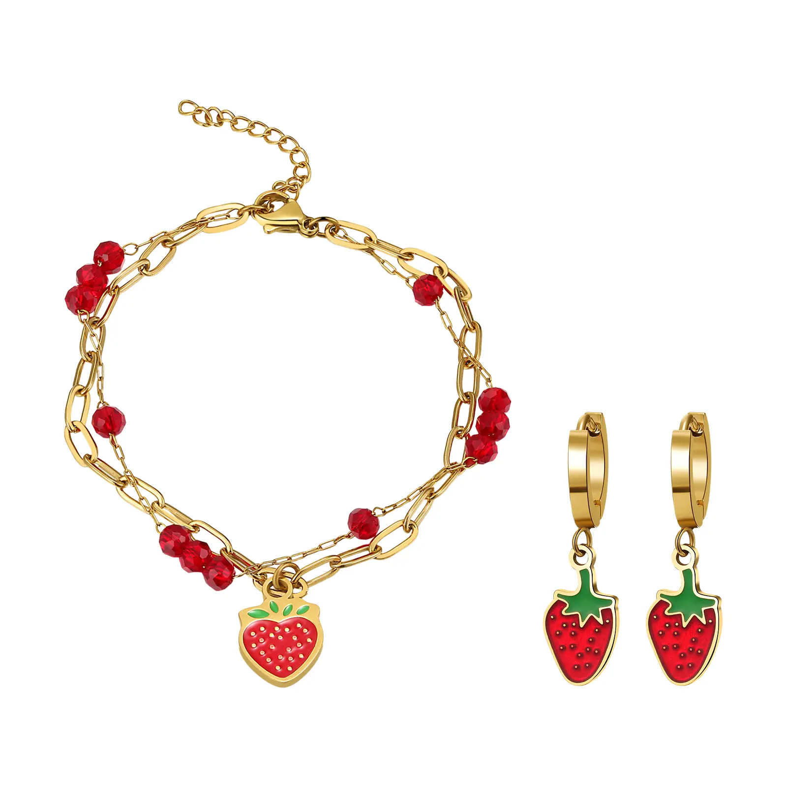 OIDEA Women's 2-Piece Female Strawberry Motif Stainless Steel Gold Costume Jewelry Set - Casual Fruit Pendant Layered Link Bracelet, Hoop Dangle Earrings for Christmas summerwins