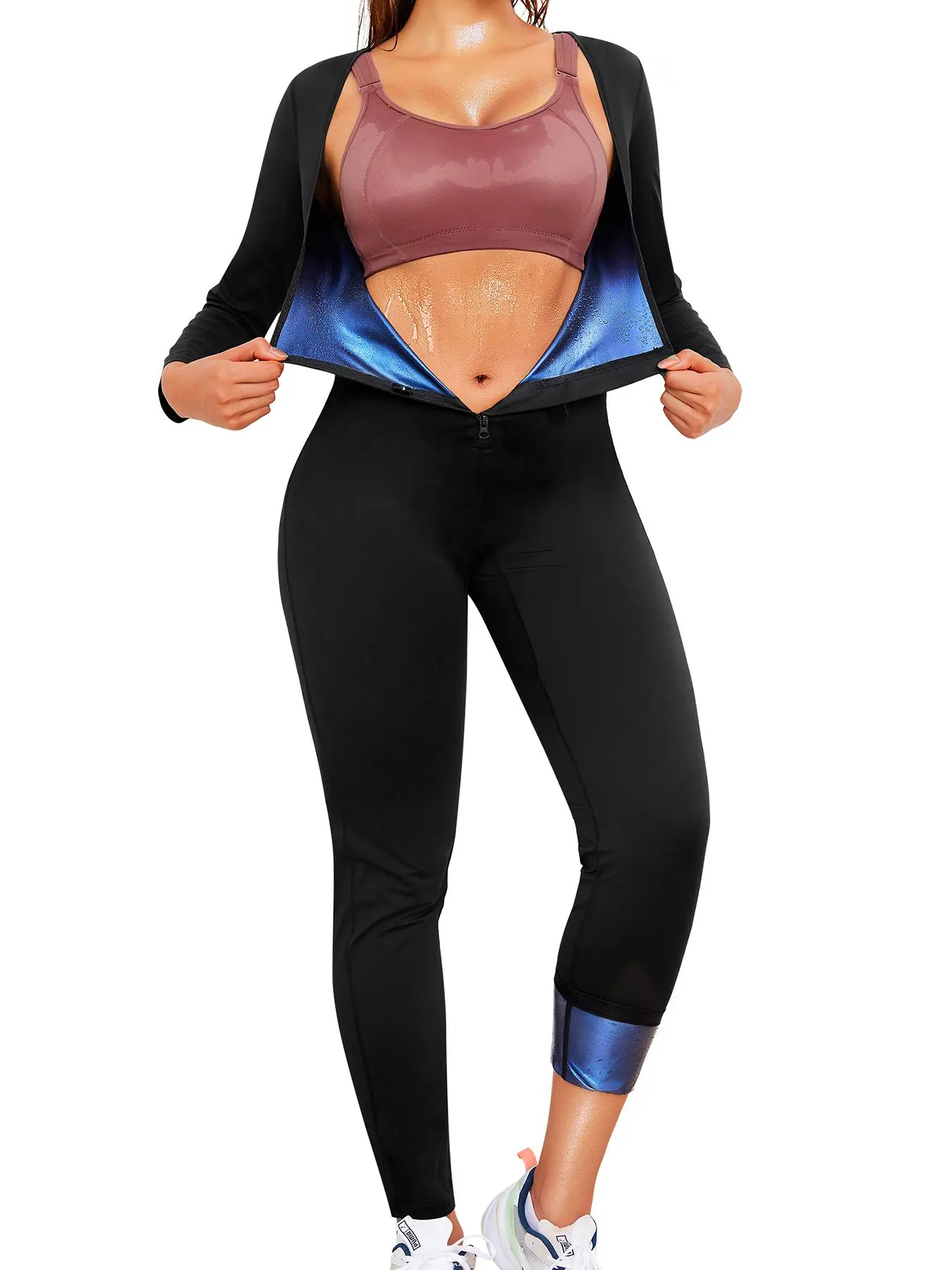 Women's Solid Zip Up Long Sleeve Square Neck Sauna Sports Jumpsuit, Stretchable Activewear & Sportswear for Yoga Gym Workout, for All Seasons, Zipper Jumpsuit, Stretchy Sports Outfit