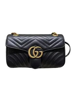 Pre-owned GUCCI black gold medium marmont 26 chain bag