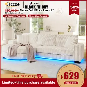 【New Year Special Discount】 Niccae LED Lighted Convertible Teddy Fabric Foam Sleeper Sofa with 6 Pillows Corduroy Tufted L-Shaped Modular Sectional with Ottoman Left & Right Placement for Living Room Bedroom Office Apartment