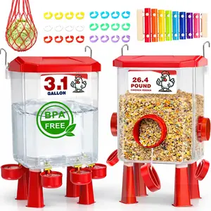 Large Chicken Feeder and Waterer Set 3.1 Gallon/26.4 Pounds, Automatic Chicken Waterer with 4 Cups & 3 Feeder Ports No  Poultry Feeders & Waterers, Chicken Coop Accessories for /Poult