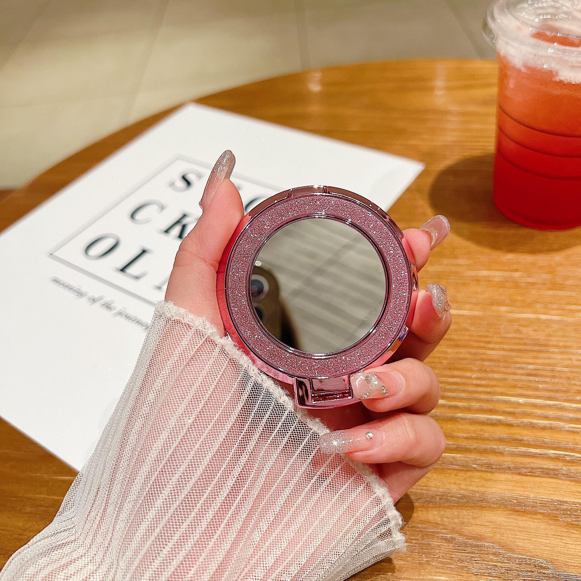 360-Degree Rotating Rhinestone & Glitter Mirror Stand — Universal Mobile Phone Holder, Desktop Support Ring, Adhesive Back Stand.