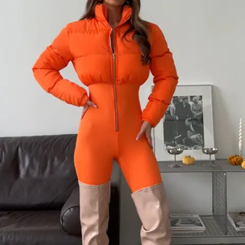 Women's Comfortable Polyester Puffer Jumpsuit - Fashion Style, Casual Solid Color, Long Sleeve Zip-Up, Fitted Women's Overalls & Suits Clothes