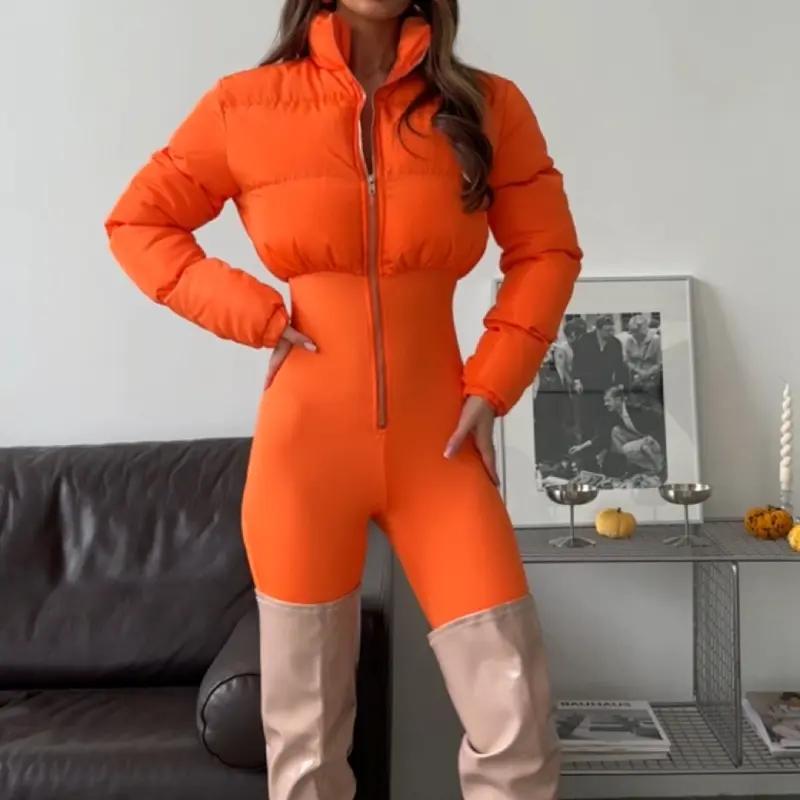 Women's Comfortable Polyester Puffer Jumpsuit - Fashion Style, Casual Solid Color, Long Sleeve Zip-Up, Fitted Women's Clothes