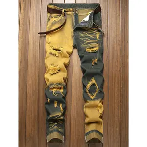 [Trendy Distressed Jeans] Distressed Denim Men's Jeans - Multi-Color Patchwork, Ripped Detail, Mid-Rise, Regular Fit, Machine Washable